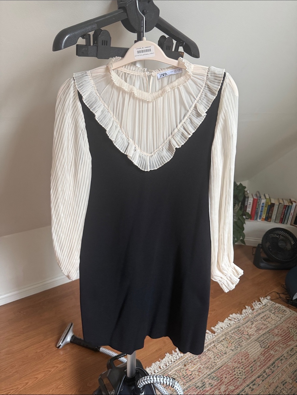 Zara Black Shift Dress with Cream Pleated Ruffle Yoke